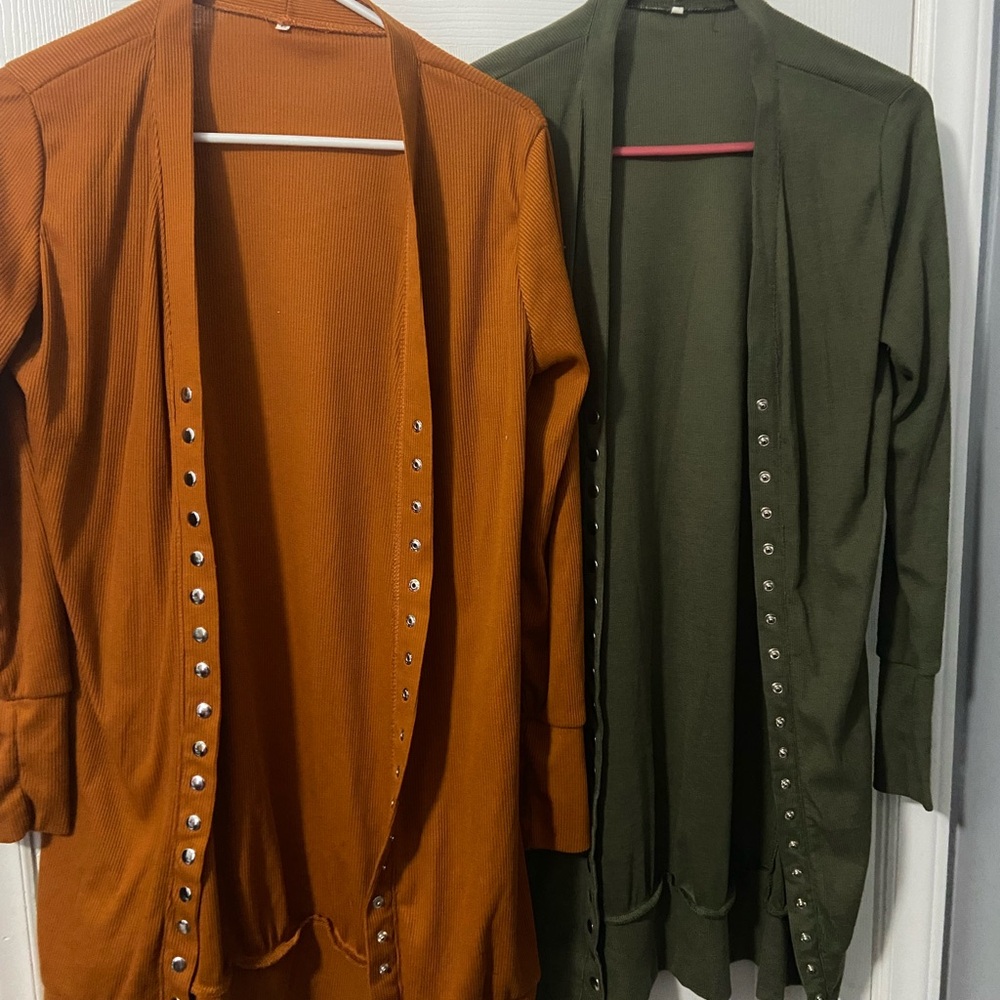 Set of 2 Longline Studded Cardigans – Rust & Olive Green – Size L - Picture 1 of 1